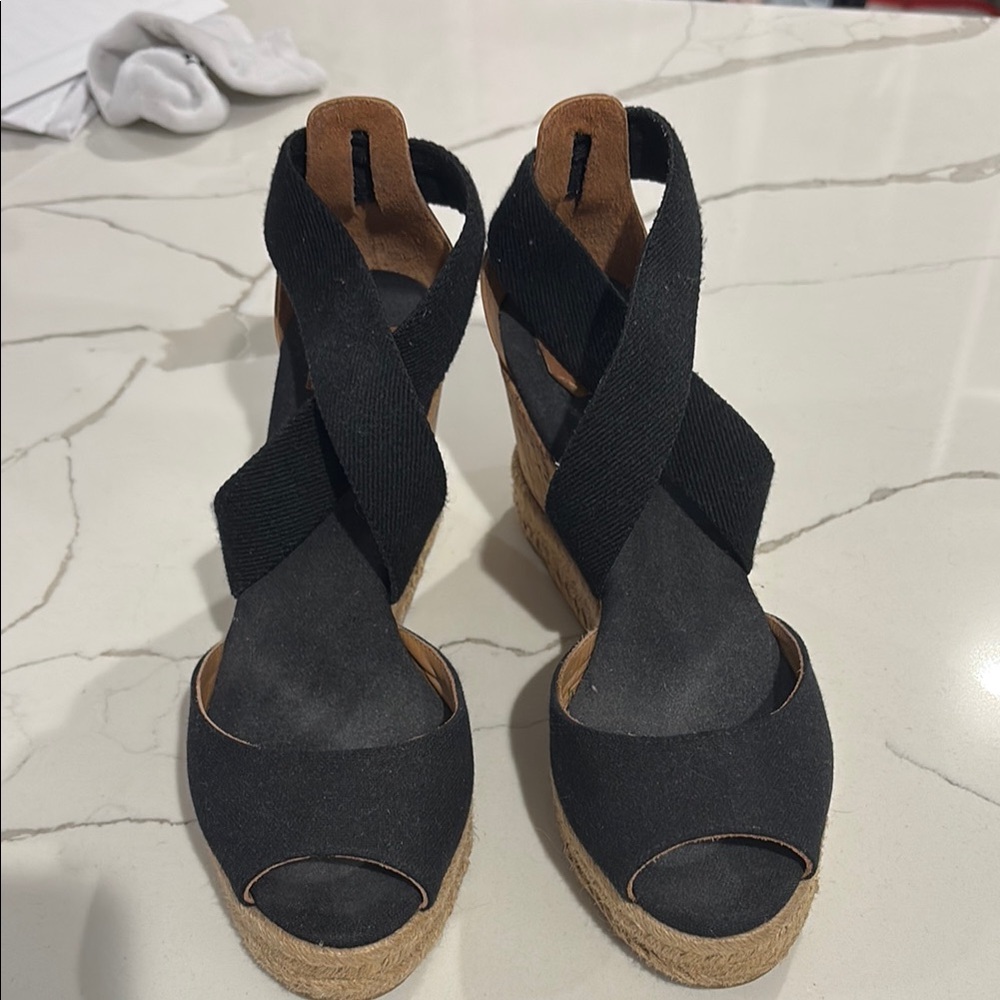 Tory Burch Black and Tan Espadrille Wedges with Elastic Straps